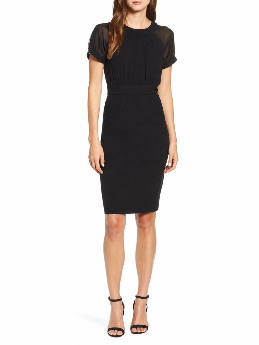 Vince Camuto Illusion Crepe & Chiffon Black Sheath Dress – Size 2